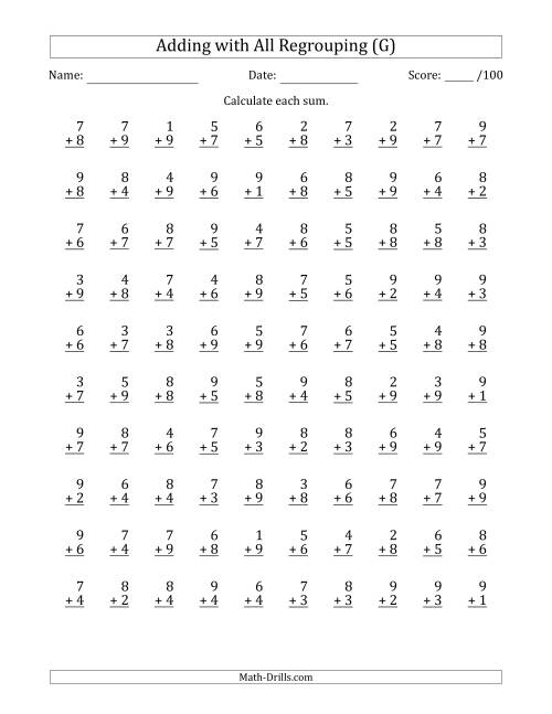 The 100 Single-Digit Addition Questions with All Regrouping (G) Math Worksheet