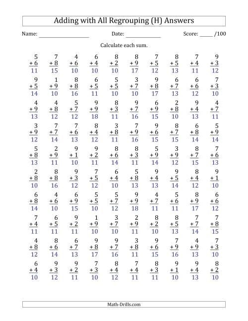 The 100 Single-Digit Addition Questions with All Regrouping (H) Math Worksheet Page 2