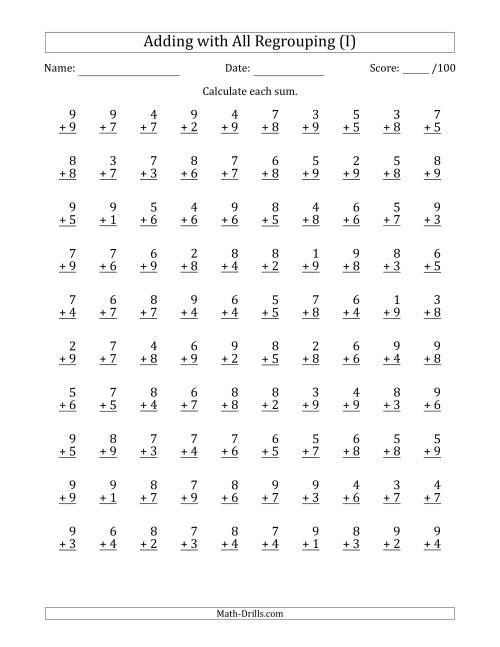 The 100 Single-Digit Addition Questions with All Regrouping (I) Math Worksheet