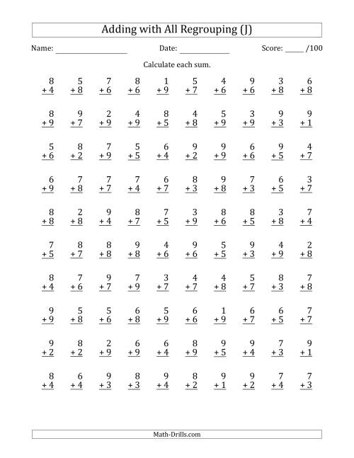 The 100 Single-Digit Addition Questions with All Regrouping (J) Math Worksheet