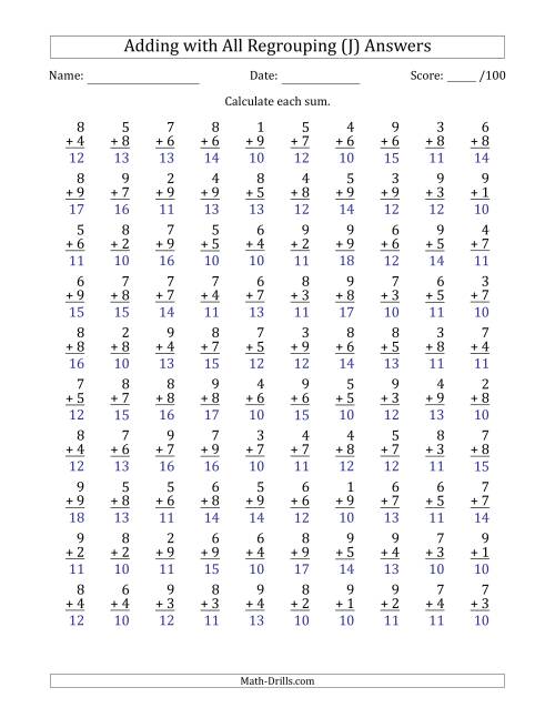 The 100 Single-Digit Addition Questions with All Regrouping (J) Math Worksheet Page 2