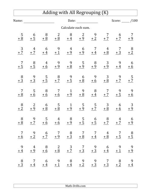 The 100 Single-Digit Addition Questions with All Regrouping (K) Math Worksheet