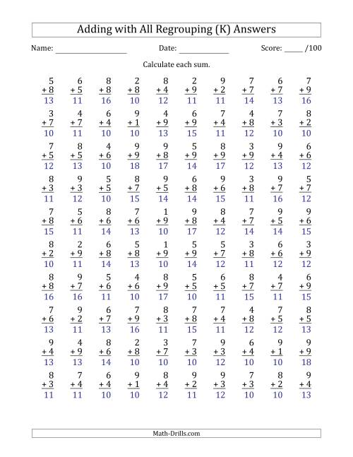 The 100 Single-Digit Addition Questions with All Regrouping (K) Math Worksheet Page 2