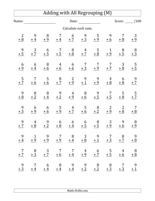 The 100 Single-Digit Addition Questions with All Regrouping (M) Math Worksheet