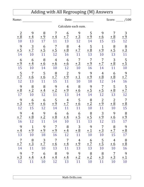 The 100 Single-Digit Addition Questions with All Regrouping (M) Math Worksheet Page 2