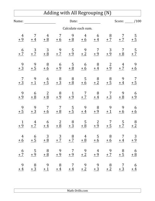 The 100 Single-Digit Addition Questions with All Regrouping (N) Math Worksheet
