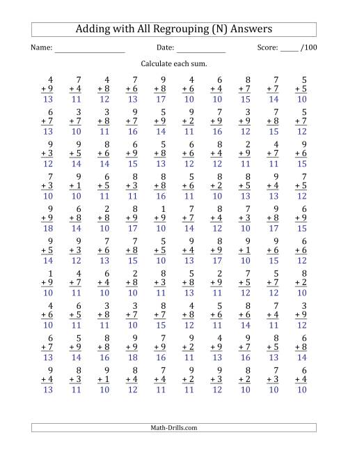 The 100 Single-Digit Addition Questions with All Regrouping (N) Math Worksheet Page 2