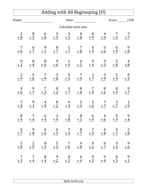 The 100 Single-Digit Addition Questions with All Regrouping (O) Math Worksheet