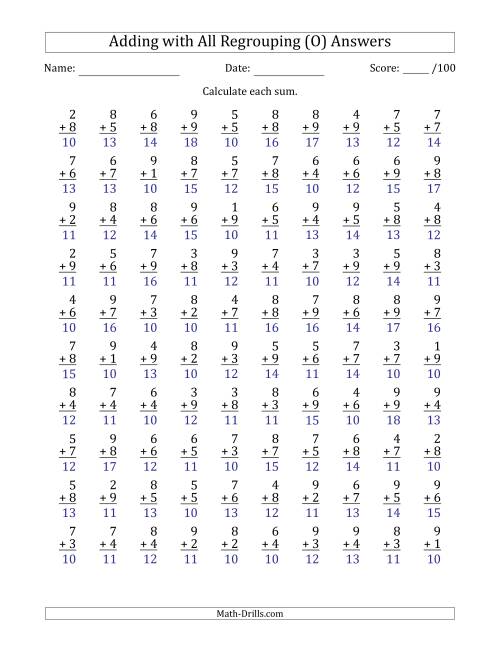 The 100 Single-Digit Addition Questions with All Regrouping (O) Math Worksheet Page 2