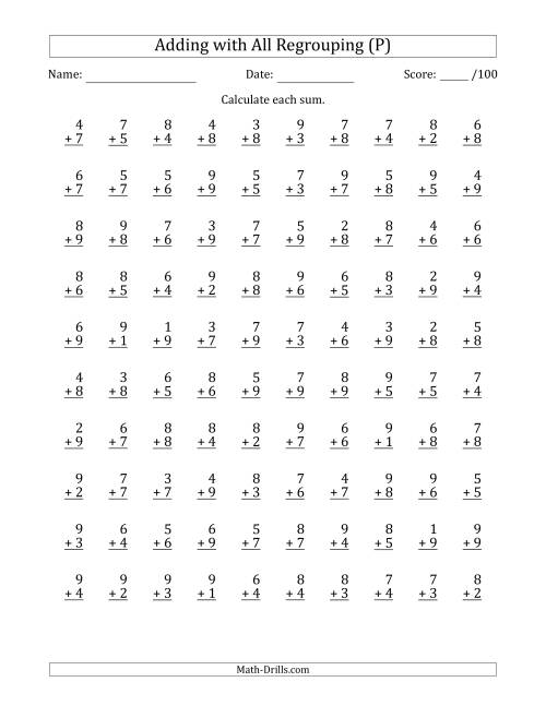 The 100 Single-Digit Addition Questions with All Regrouping (P) Math Worksheet