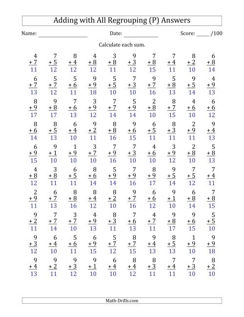 The 100 Single-Digit Addition Questions with All Regrouping (P) Math Worksheet Page 2