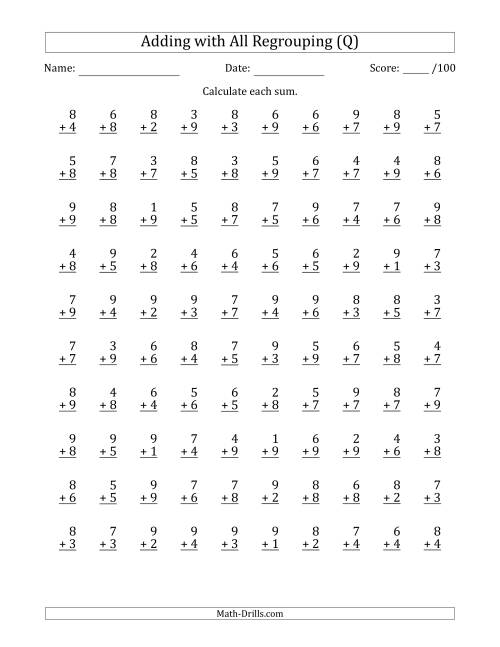 The 100 Single-Digit Addition Questions with All Regrouping (Q) Math Worksheet