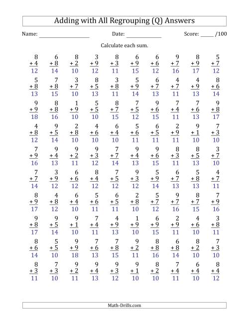 The 100 Single-Digit Addition Questions with All Regrouping (Q) Math Worksheet Page 2
