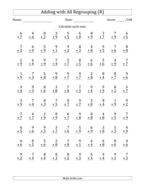 The 100 Single-Digit Addition Questions with All Regrouping (R) Math Worksheet
