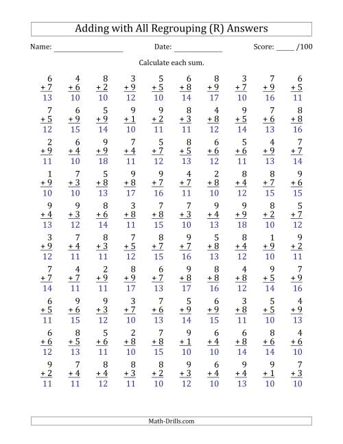 The 100 Single-Digit Addition Questions with All Regrouping (R) Math Worksheet Page 2