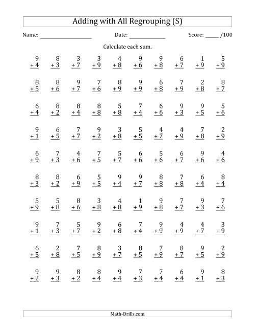 The 100 Single-Digit Addition Questions with All Regrouping (S) Math Worksheet
