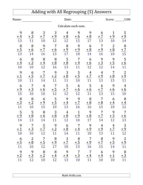 The 100 Single-Digit Addition Questions with All Regrouping (S) Math Worksheet Page 2