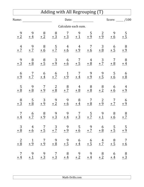 The 100 Single-Digit Addition Questions with All Regrouping (T) Math Worksheet