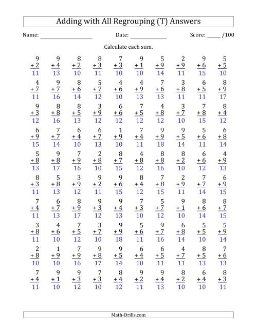 The 100 Single-Digit Addition Questions with All Regrouping (T) Math Worksheet Page 2
