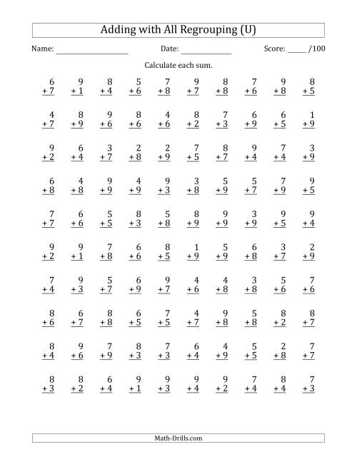 The 100 Single-Digit Addition Questions with All Regrouping (U) Math Worksheet