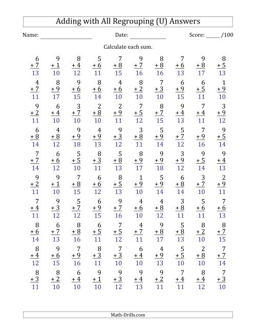The 100 Single-Digit Addition Questions with All Regrouping (U) Math Worksheet Page 2