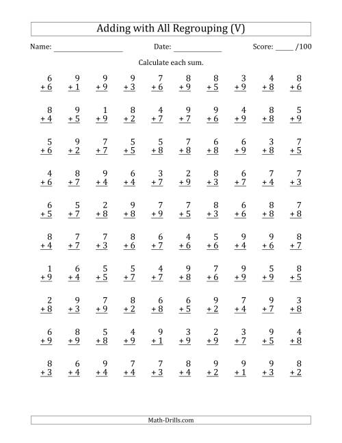 The 100 Single-Digit Addition Questions with All Regrouping (V) Math Worksheet
