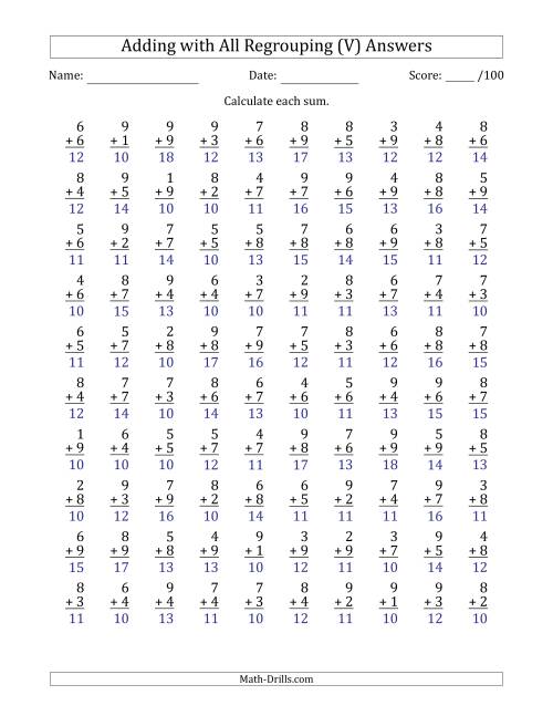 The 100 Single-Digit Addition Questions with All Regrouping (V) Math Worksheet Page 2
