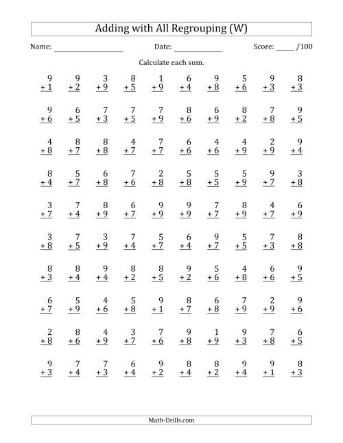 The 100 Single-Digit Addition Questions with All Regrouping (W) Math Worksheet