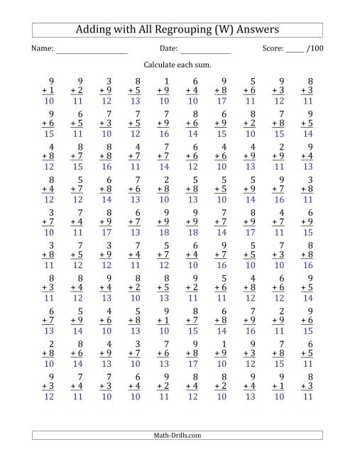 The 100 Single-Digit Addition Questions with All Regrouping (W) Math Worksheet Page 2