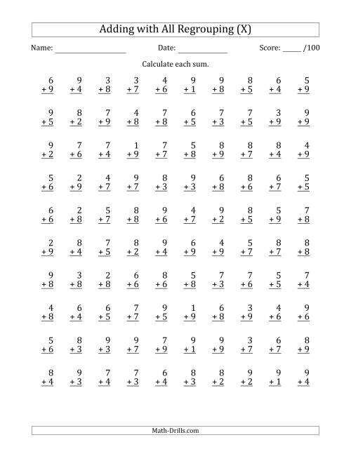 The 100 Single-Digit Addition Questions with All Regrouping (X) Math Worksheet