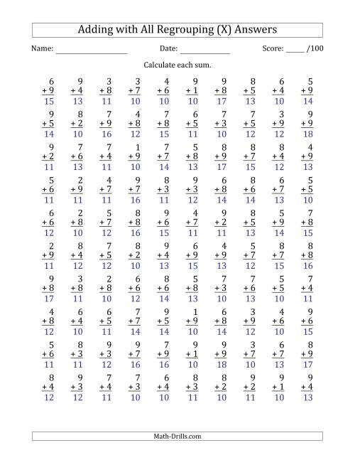 The 100 Single-Digit Addition Questions with All Regrouping (X) Math Worksheet Page 2