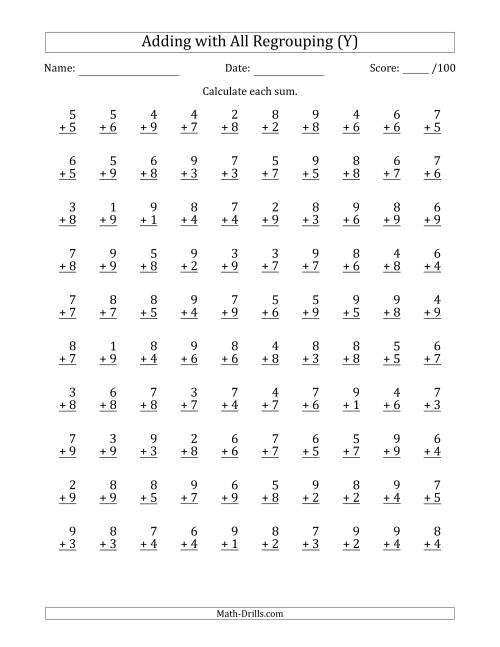 The 100 Single-Digit Addition Questions with All Regrouping (Y) Math Worksheet