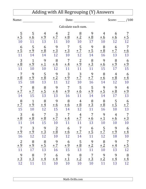 The 100 Single-Digit Addition Questions with All Regrouping (Y) Math Worksheet Page 2