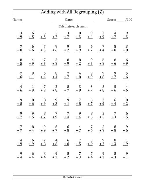 The 100 Single-Digit Addition Questions with All Regrouping (Z) Math Worksheet