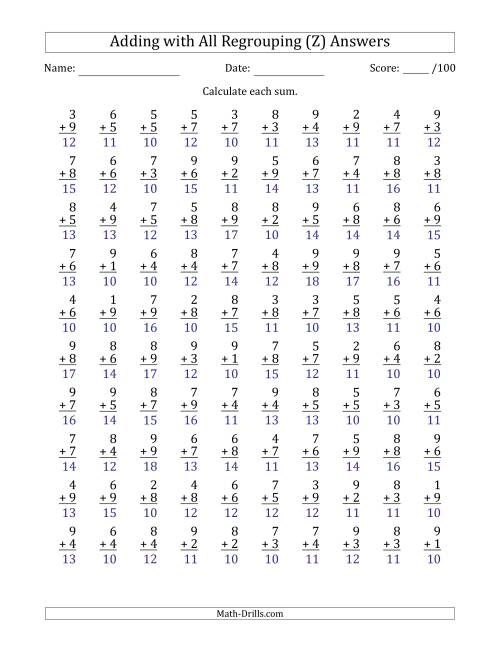 The 100 Single-Digit Addition Questions with All Regrouping (Z) Math Worksheet Page 2