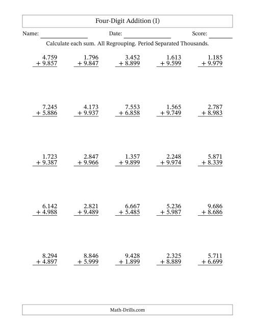 The Four-Digit Addition With All Regrouping – 25 Questions – Period Separated Thousands (I) Math Worksheet