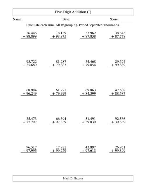 The Five-Digit Addition With All Regrouping – 20 Questions – Period Separated Thousands (I) Math Worksheet