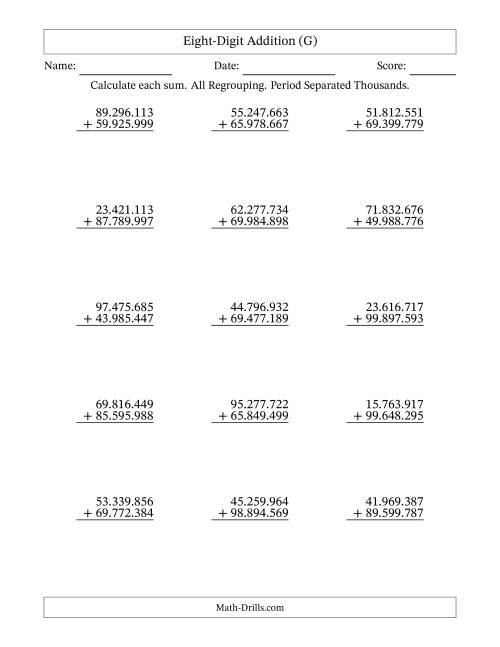 The Eight-Digit Addition With All Regrouping – 15 Questions – Period Separated Thousands (G) Math Worksheet