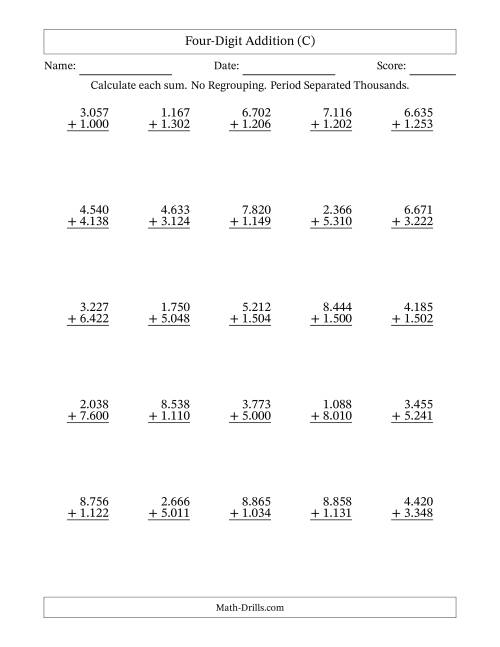 The Four-Digit Addition With No Regrouping – 25 Questions – Period Separated Thousands (C) Math Worksheet