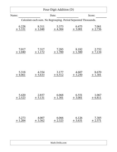 The Four-Digit Addition With No Regrouping – 25 Questions – Period Separated Thousands (D) Math Worksheet