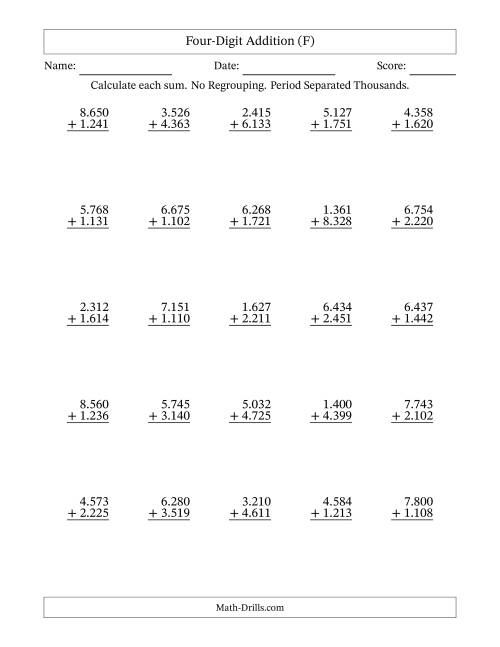 The Four-Digit Addition With No Regrouping – 25 Questions – Period Separated Thousands (F) Math Worksheet