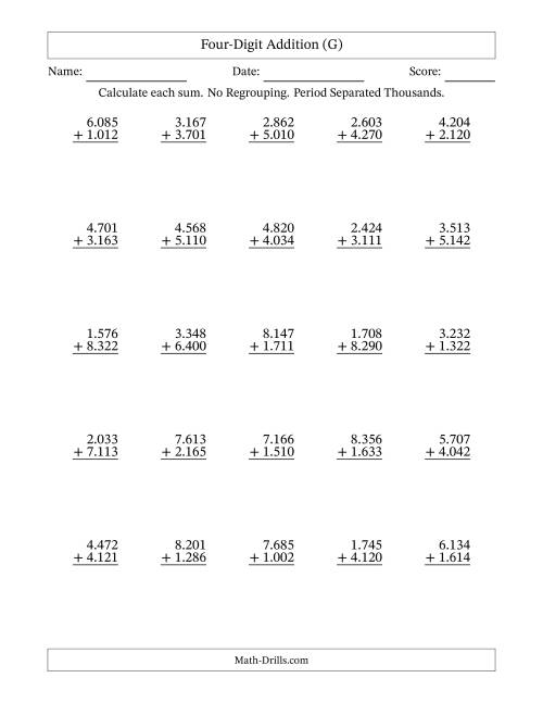 The Four-Digit Addition With No Regrouping – 25 Questions – Period Separated Thousands (G) Math Worksheet
