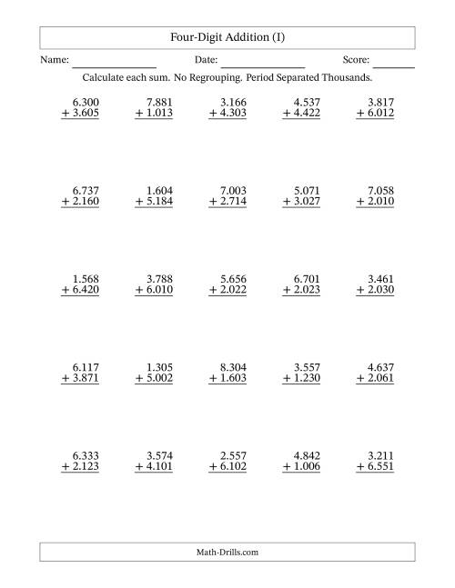 The Four-Digit Addition With No Regrouping – 25 Questions – Period Separated Thousands (I) Math Worksheet