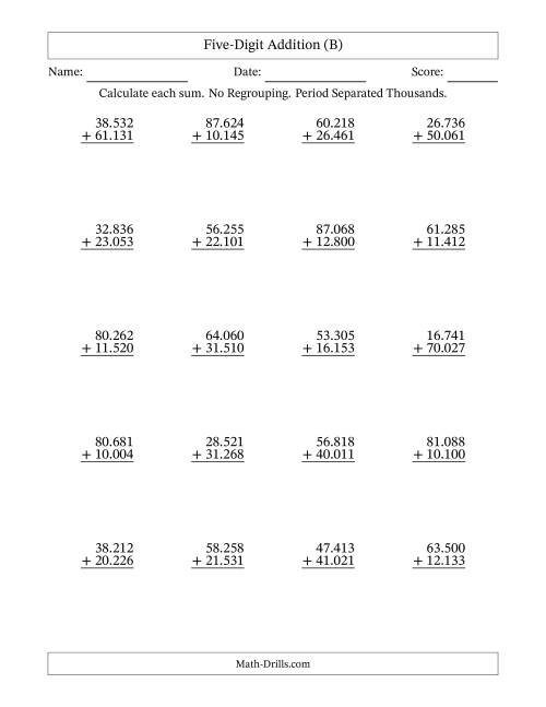 The Five-Digit Addition With No Regrouping – 20 Questions – Period Separated Thousands (B) Math Worksheet