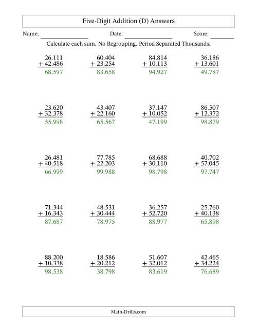 The Five-Digit Addition With No Regrouping – 20 Questions – Period Separated Thousands (D) Math Worksheet Page 2
