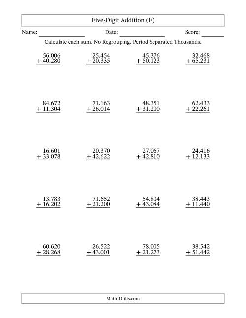 The Five-Digit Addition With No Regrouping – 20 Questions – Period Separated Thousands (F) Math Worksheet