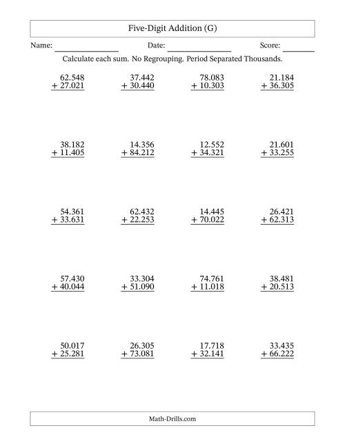 The Five-Digit Addition With No Regrouping – 20 Questions – Period Separated Thousands (G) Math Worksheet