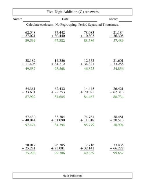 The Five-Digit Addition With No Regrouping – 20 Questions – Period Separated Thousands (G) Math Worksheet Page 2