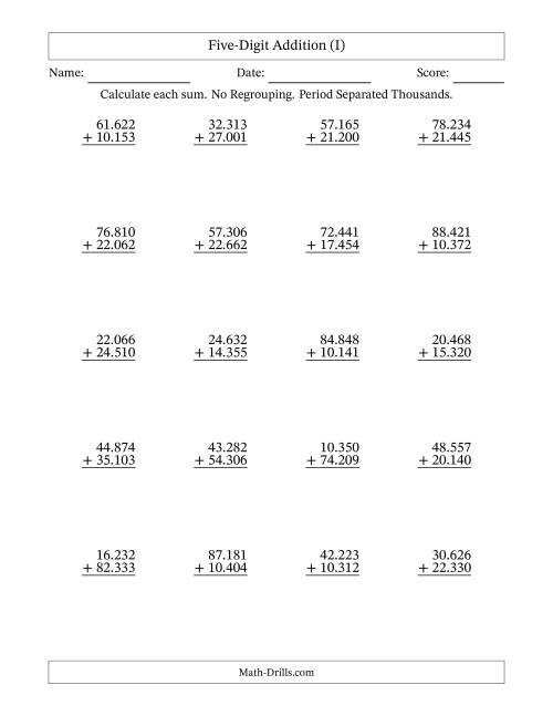 The Five-Digit Addition With No Regrouping – 20 Questions – Period Separated Thousands (I) Math Worksheet