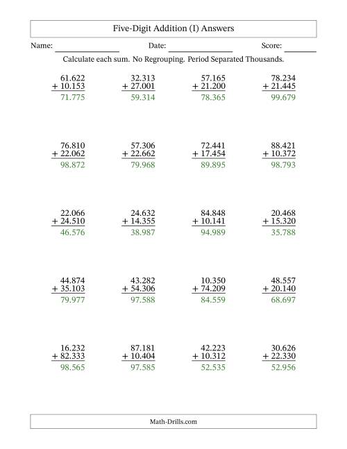 The Five-Digit Addition With No Regrouping – 20 Questions – Period Separated Thousands (I) Math Worksheet Page 2